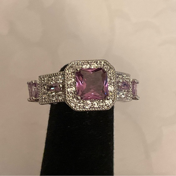 Created Pink Sapphire Princess Halo Ring Size 8 Silvertone Band - Picture 7 of 11